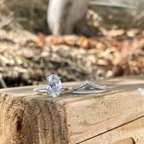 Set Fede Nuziale 3,00 CT Taglio Ovale Coltivato in Laboratorio/CVD Diamante G/VS1 Oro Bianco 14k - Foto 7 di 13