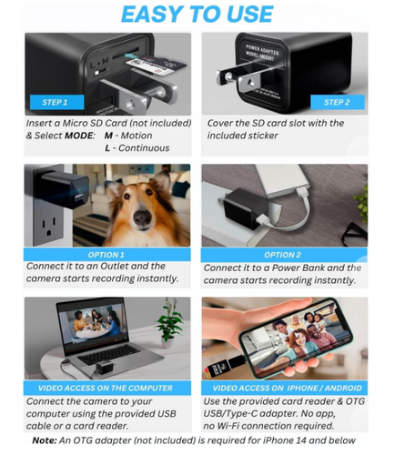 USB Wall Charger Mini Camera Motion Detection DVR 1080P HD Home Security Cam NEW - Zdjęcie 4 z 6