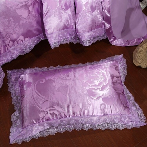 Luxury Satin Set 4Pc King Size Bed Sheet Duvet Cover Flower Purple Lace - Picture 6 of 13
