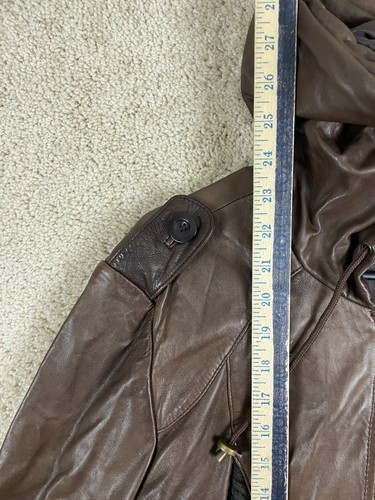 Nine West Moto Jacket Womens Large Leather Full Zip Hooded Rib Knit Pocket Brown - Picture 13 of 16