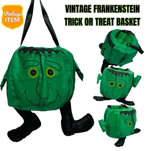 Vintage Green Frabric Frankenstein Halloween Basket, Candy Bag, or Decor. RARE!! - 第 1/10 張圖片