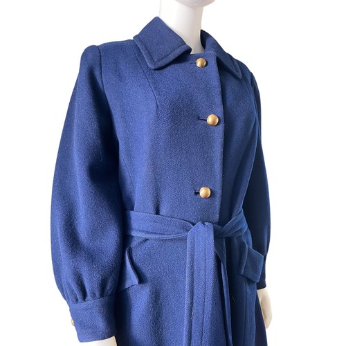 1960s Vintage Wool Coat, M/L Navy Blue Gold Buttons, Pockets, Belted Jacket - Picture 5 of 10