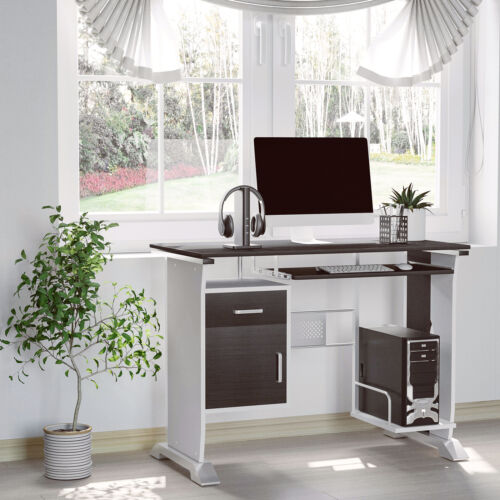 Computer Table Office Study Dorm Wooden Desk Keyboard Tray Storage Brown/White - Picture 4 of 12