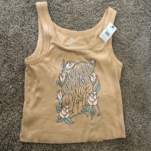 New VOLCOM STONE Cropped Tank Top Roses Graphic Women’s Size L Beige Tan Cotton - Picture 1 of 8