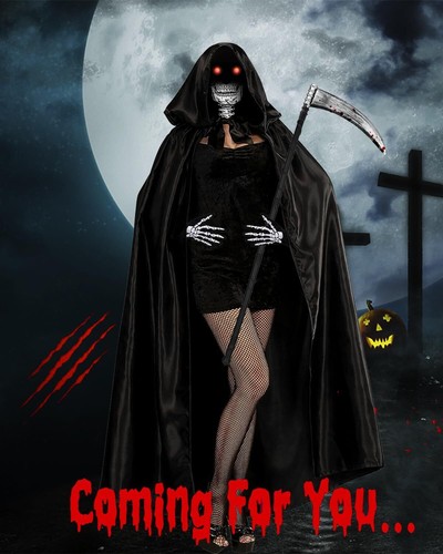 Halloween Sensenmann Kostüm Damen Herren Sense Skelett Handschuhe Schädelmaske - Bild 5 von 9