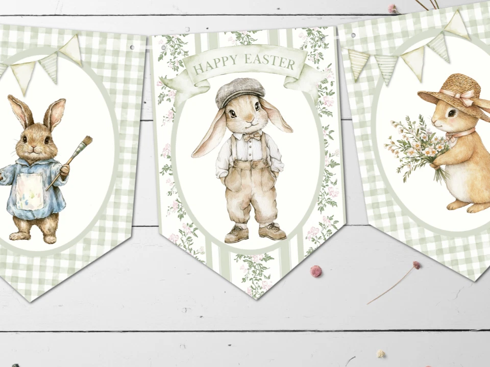 Dije rústico estilo rústico acuarela conejos de Pascua decoración de banderines Foto 2 de 4