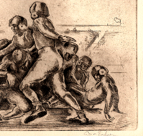 1930's Aaron Berkman College " FOOTBALL TACKLE " WPA NFL Sports Etching N.Y. - Foto 3 di 5