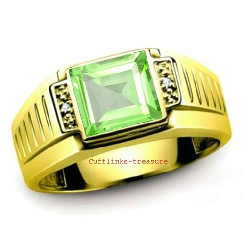 Natural Peridot Gemstone with 925 Sterling Silver Gold Finish Ring For Men's  - Picture 1 of 4
