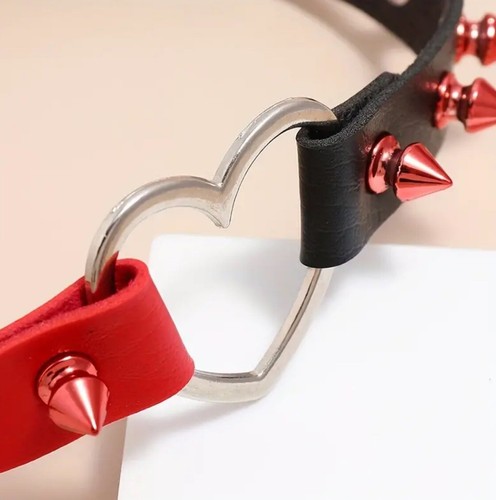 Gothic punk, red and black heart choker necklace Spiked Studs two tone design  - Picture 3 of 7