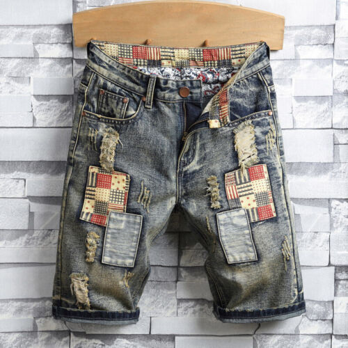 Blue Short hole Frayed knee length Jeans Summer Denim Shorts Men Straight Male - Picture 7 of 8