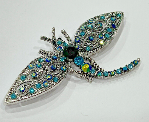 Dragonfly Crystal Rhinestone Brooch Pin Insect Bug Glass Vintage Aqua Blue Green - Picture 11 of 14