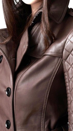 Abrigo de gabardina marrón de cuero real para mujeres piel de cordero suave vestido de cuero cálido y elegante - Imagen 5 de 8