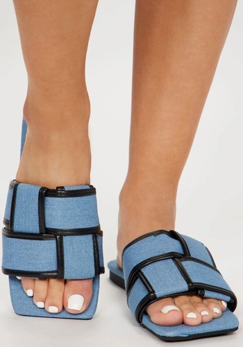 Lemonade Getsbetter Denim Black Flat Slides Sandals Size 10 - Picture 1 of 3