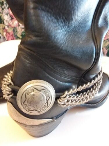 Stivali western FRYE pelle nera 8D impreziositi testa indiana vintage USA LEGGI - Foto 3 di 12