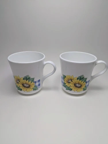 Set of (2) Corning Sunsations Sunflower & Plaid Coffee Cups