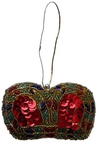 Beaded Christmas Ornament Evening Coin Purse Crown Gold Red Sequins - Picture 3 of 12