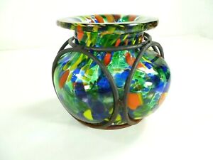 Vtg-Hand-Blown-Green-Colorful-Splash-Caged-Glass-Bubble-Vase-Wrought-Iron-Cage