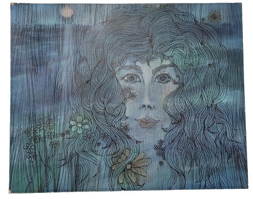 Vintage C. Cory Art Original Blue Lady, Eyes, Flowers - Picture 2 of 19