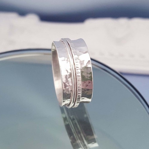 925 Sterling Silver Hammer Handmade women Two Tone Spinner Ring All Size SH33 - Picture 3 of 4