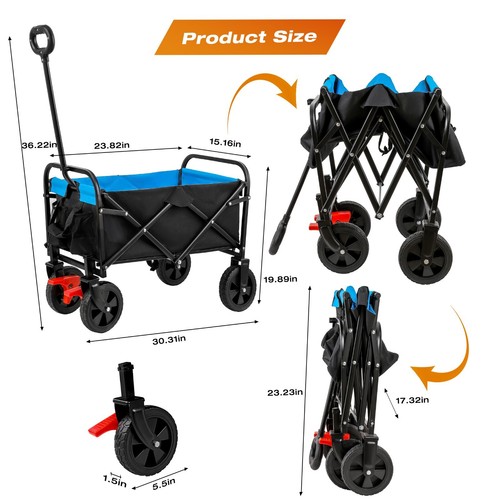 Mini Folding Wagon Garden Shopping Beach Cart (black+blue+brake) - Picture 3 of 21