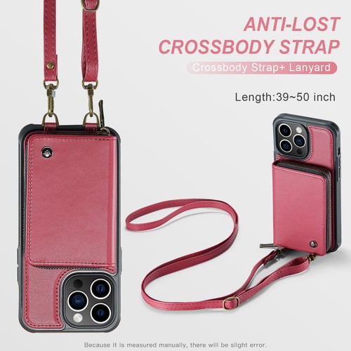 For iPhone 16 15 14 13 Pro Max RFID Blocking Wallet Crossbody Strap Leather Case - Picture 37 of 56