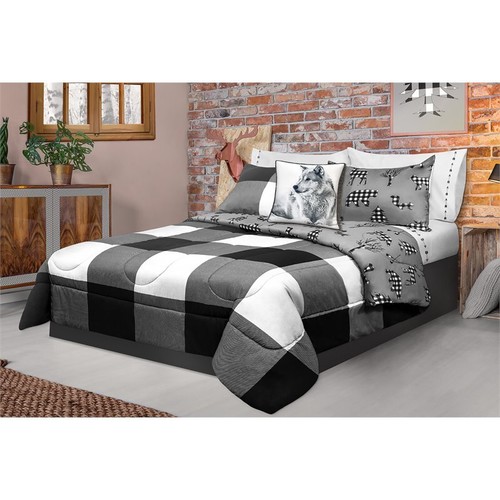Safdie & Co. 3-piece Polyester Buffalo Plaid King Comforter Set in Gray/White - Picture 3 of 3