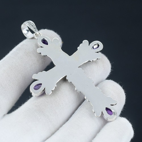 925 Sterling Argento Naturale Ametista Gemma Artigianale Gioielli Croce Ciondolo - Foto 4 di 4