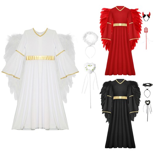 Kids Girls Angel Cosplay Loose Dress Irregular Costume Dancewear Halloween Set - Picture 5 of 51