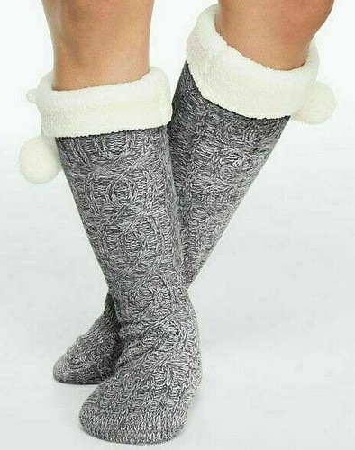 Victoria's Secret Pink Sherpa Lined Socks Cable Knit Red Pepper Chalk Rose Gray  - Picture 7 of 15