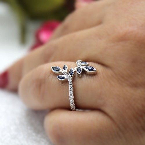 Zafiros Y Diamantes Hoja Anillo de Cóctel 14Kt Oro Amarillo Macizo Meaniful De - Imagen 4 de 8