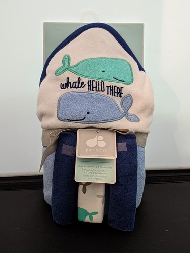 Gerber Just Born Baby Boy Blue Whales Hooded Towel & Washcloths Set - Bild 1 von 2