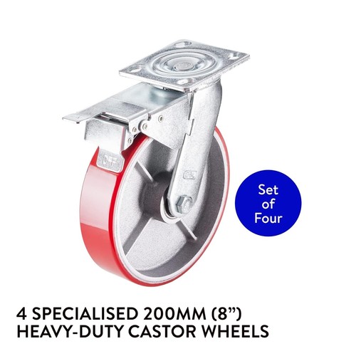 4x 200mm Heavy Duty Castor Wheels with Brakes, Furniture Rubbered Trolley Wheels - Picture 2 of 6