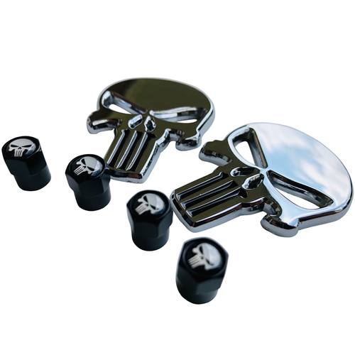 2x Chrome 3D Metal Punisher Decal Sticker Emblem & Wheel Tire Tyre Valve Caps - Picture 2 of 2