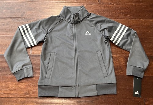 Adidas CK5447 Gray White Striped Boys Small Full Zip Soccer Logo Track Jacket - Picture 1 of 10