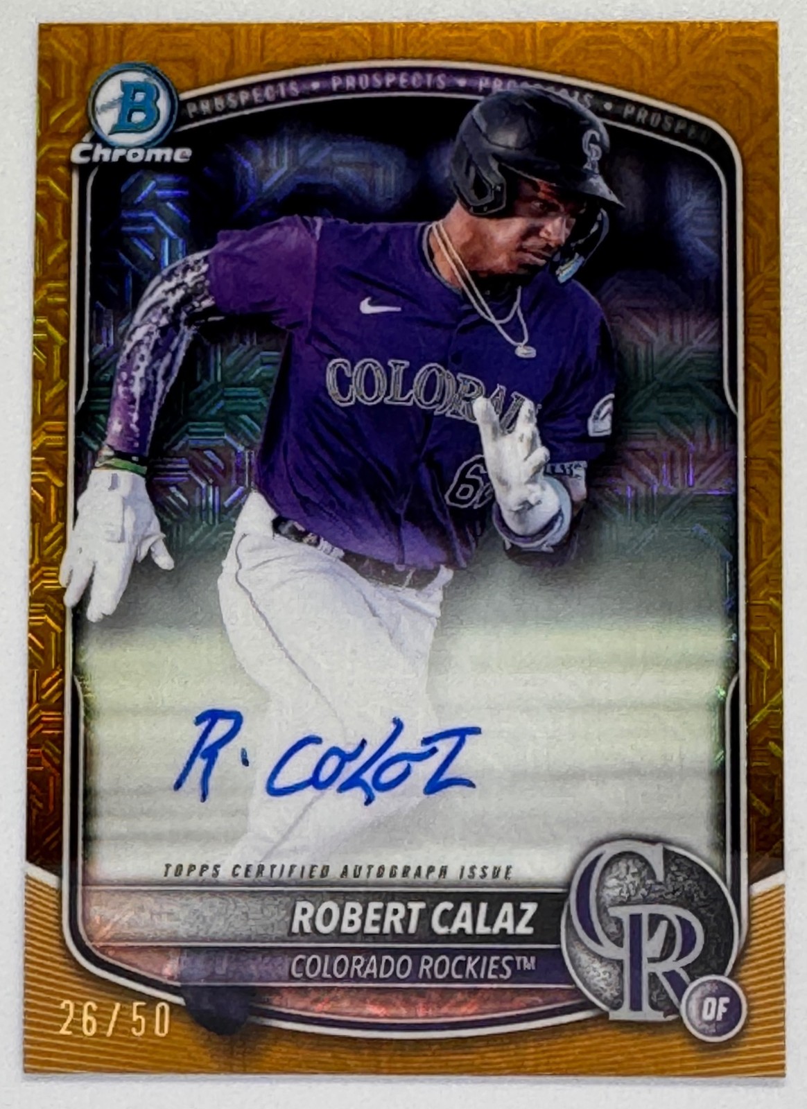 2025 Bowman Robert Calaz Chrome Prospect Auto Mega Box Gold /50 Rockies