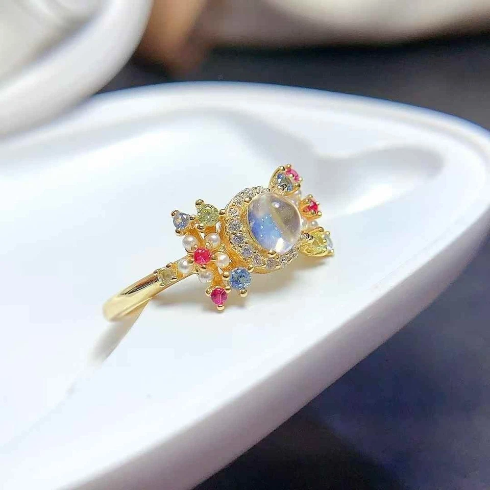 Natural Moonstone Ring Candy Colors 925 Sterling Silver Floral Jewelry - Image 4 of 4