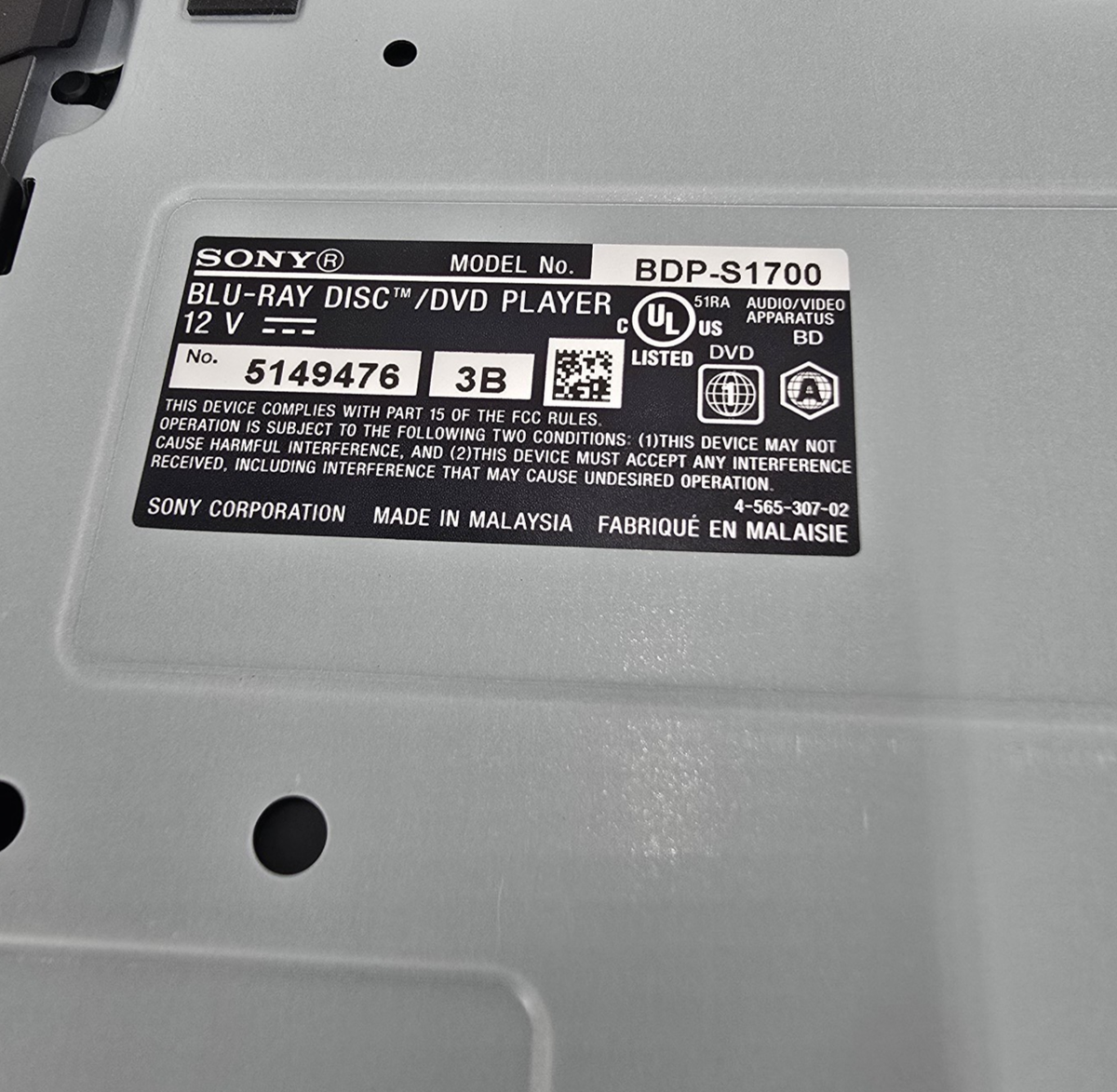 SONY BDP-S1700 Blu-ray Player with Wired Streaming BDPS1700