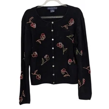 Eagles Eye Floral Applique Cardigan Womens Size Large Black Button Front Sweater