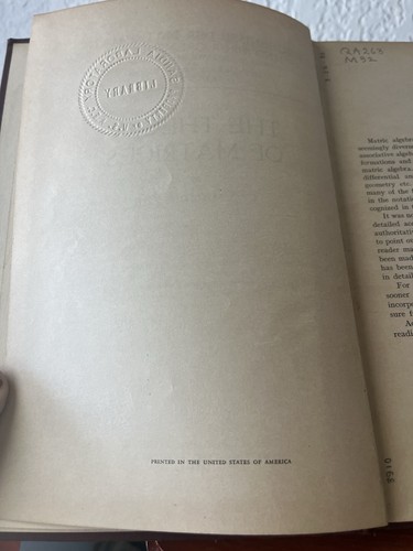 The Theory of Matrices Macduffee 1946 Corrected Reprint of 1st Ed Library Book - Foto 9 di 19