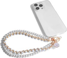 Phone Charm Anti Lost Wrist Strap Pearl Beaded Chain Double White