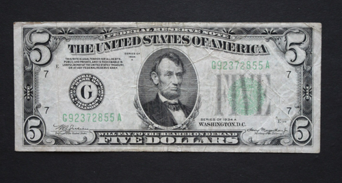 1934 A 5 $ / Chicago / Federal Reserve Schein / signifikante Auflage / F-1957G / Fehler