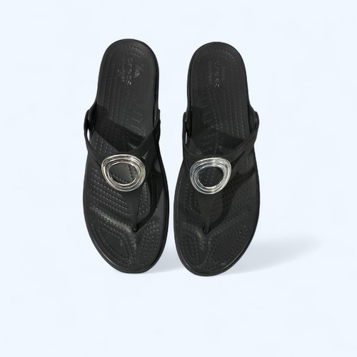 Crocs Circle Emblem Black Wedge Flip Flop Thong Sandals Womens Size 11 - Picture 3 of 4