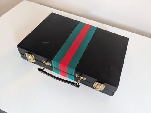 Vintage Backgammon Set Carry Case Black Complete Soft Faux Leather - Picture 4 of 11