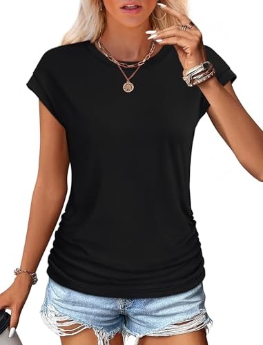 Womens Summer Tops Trendy 2025 Ruched Cap Short Sleeve Tshirts Shirts Crew