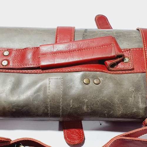 Leather Chef Knife Roll Bag Red Grey Shoulder Strap Case – Tool Holder for Chefs - Picture 2 of 24