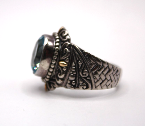 Anillo Topacio Azul Robert Manse Plata Esterlina Oro Amarillo 18K Talla 8 Tejido Cuentas - Imagen 2 de 5