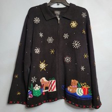 VTG Designers Studio Christmas Sweater Cardigan Full Zip Black Beaded Toys Santa
