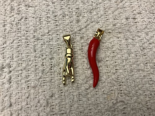 Italian Charms Mano Cornuto & Cornicello, Gold Hand Red Horn Le Corno Protection