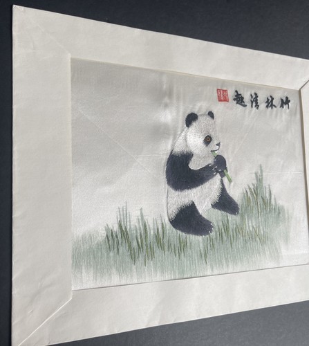 Vintage Chinese Silk Embroidery Art Panda Bamboo - Picture 3 of 10