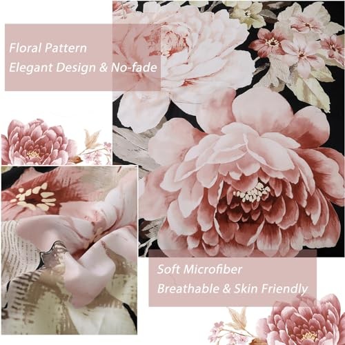  Comforter Set King Size 7 Pieces Pink Floral Bed in a Bag, King90"x103" Black - Picture 4 of 6